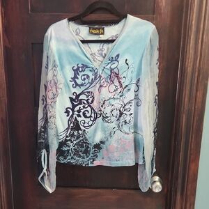 Fresh Women's Artistic Blue and Pink Dressy T-Shirt